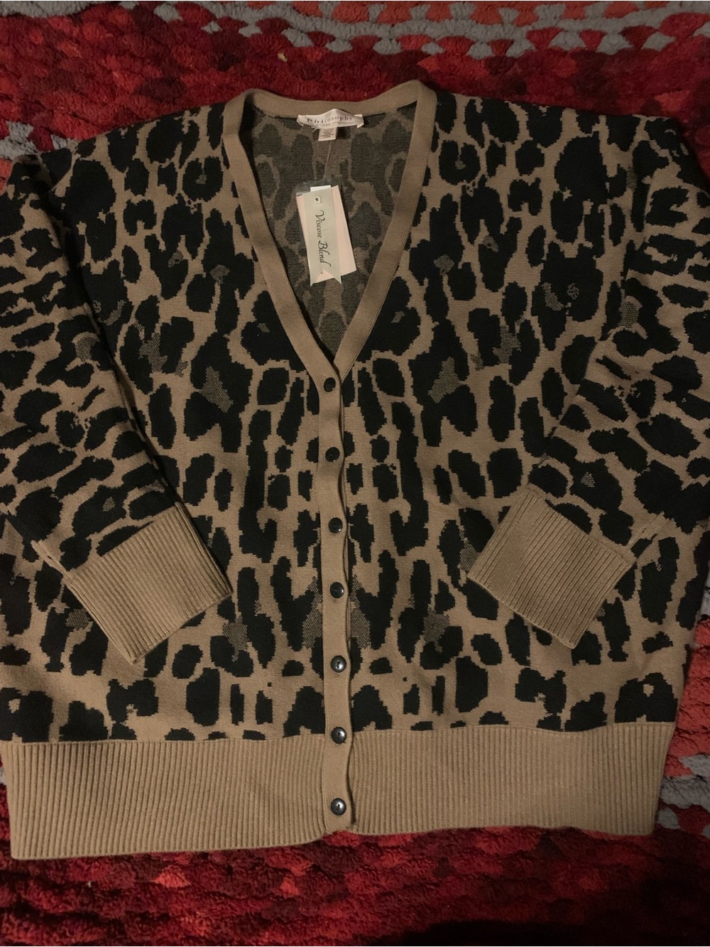 Philosophy Taupe and Black Leopard Print V-Neck Button Cardigan